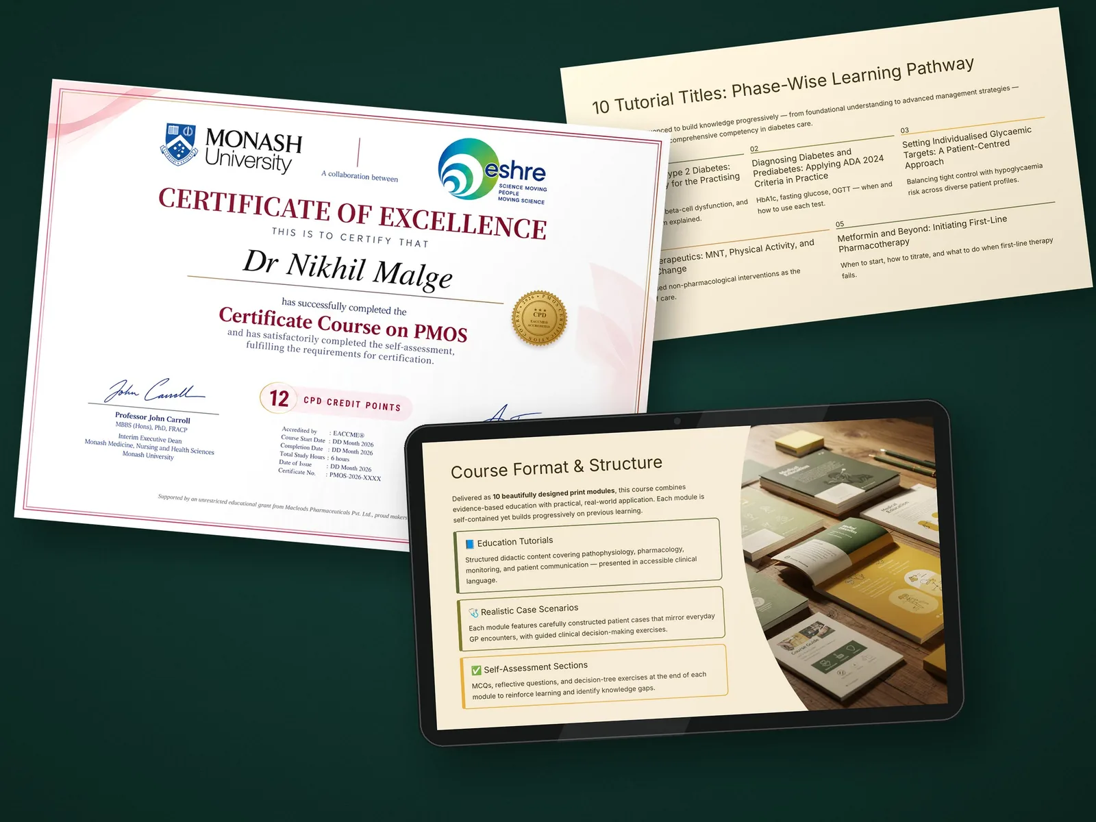 Certification programme materials: a course completion certificate, a tutorial pathway handout and course structure shown on a tablet