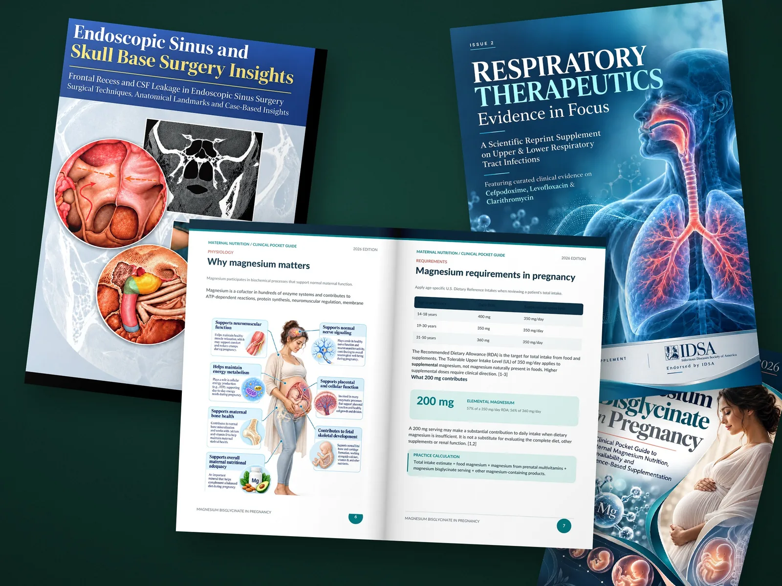 Selection of MedBridge Media publications: an endoscopic sinus surgery booklet, a respiratory therapeutics reprint supplement and a magnesium bisglycinate clinical pocket guide